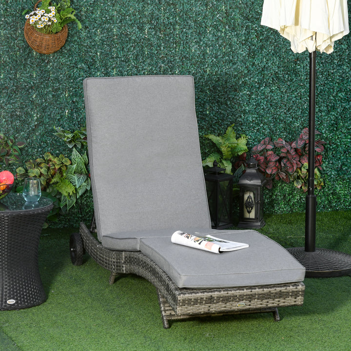 Polyrattan liggestol, havestol med hynde, justerbar i 5 positioner, rattan liggestol, havemøbler, S-formet liggestol, metal, grå, 207 x 70 x 70 cm