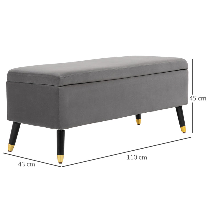 Bænk, polstret bænk med opbevaringsplads, kommodebænk, metal, skum, gummitræ, trækulsgrå, 110 x 43 x 45 cm