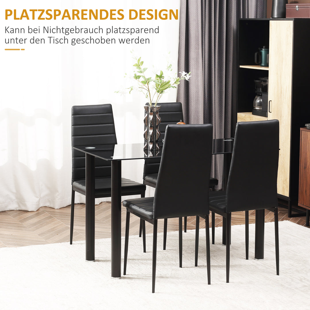 5-Delt spisebordssæt med 4 stole, moderne design, glasbord, sort