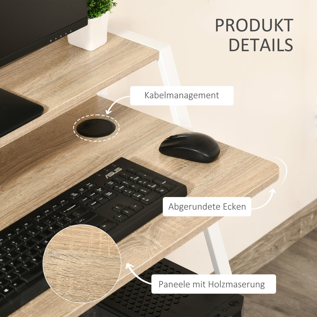 Skrivebord, computerbord med opbevaring og kabelhåndtering, moderne skrivebord med metalramme til studie, soveværelse, hjemmekontor, 84 x 45 x 85 cm, hvid + eg