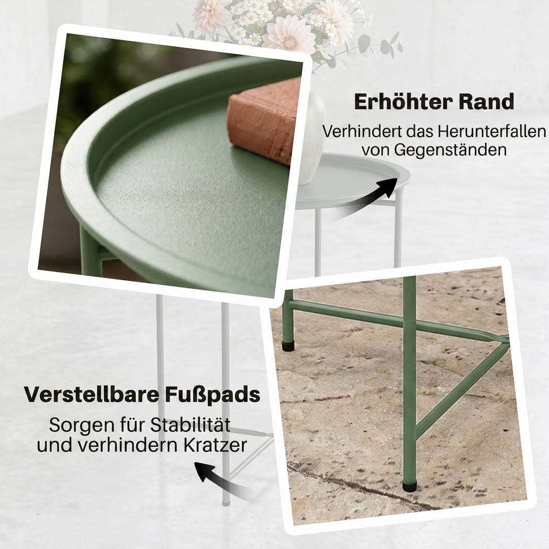 Havebord, rundt udendørs sidebord i stål med aftagelig bakke, foldbart design, terrassebord, grønt