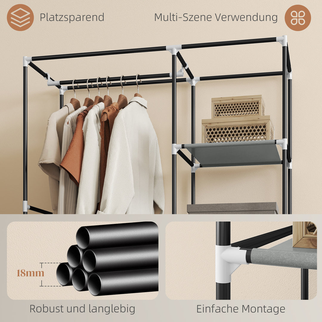Stofgarderobe, opbevaringsløsning, 6 hylder, 1 garderobestang, lysegrå