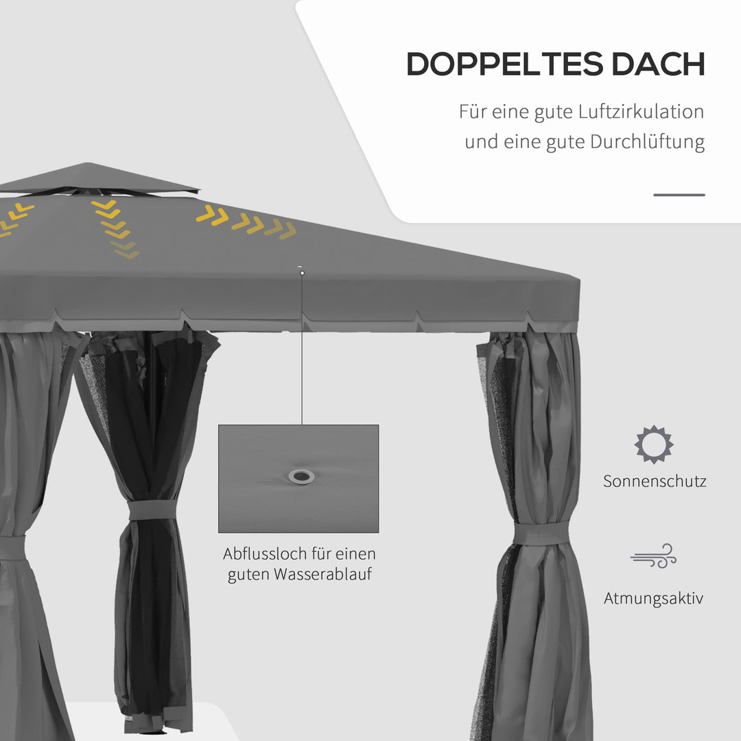 Havepavillon, 2,96 x 2,96 m, havetelt med dobbelttag, partytelt, festtelt med 4 sidepaneler, myggenet, vejrbestandig, aluminium, polyester, mørkegrå
