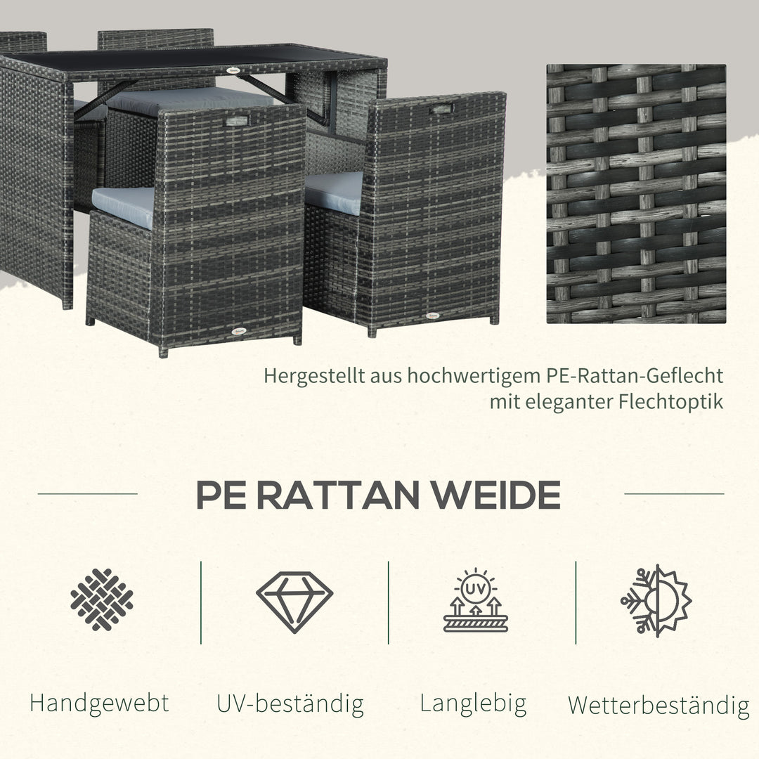 Havemøbelsæt til 4 personer, 4 stole og 1 bord, inklusive sædehynder, polyrattan, stel i rustfrit stål, grå