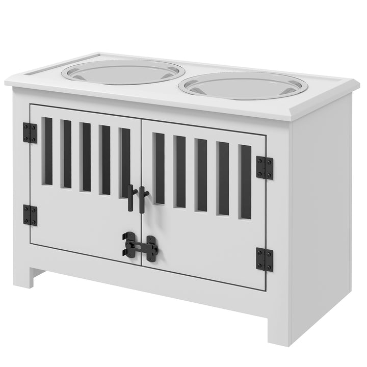 Forhøjet foderstation til store hunde, 2 rustfri stålskåle, opbevaringsplads, 35,5 x 60 x 30 cm, hvid