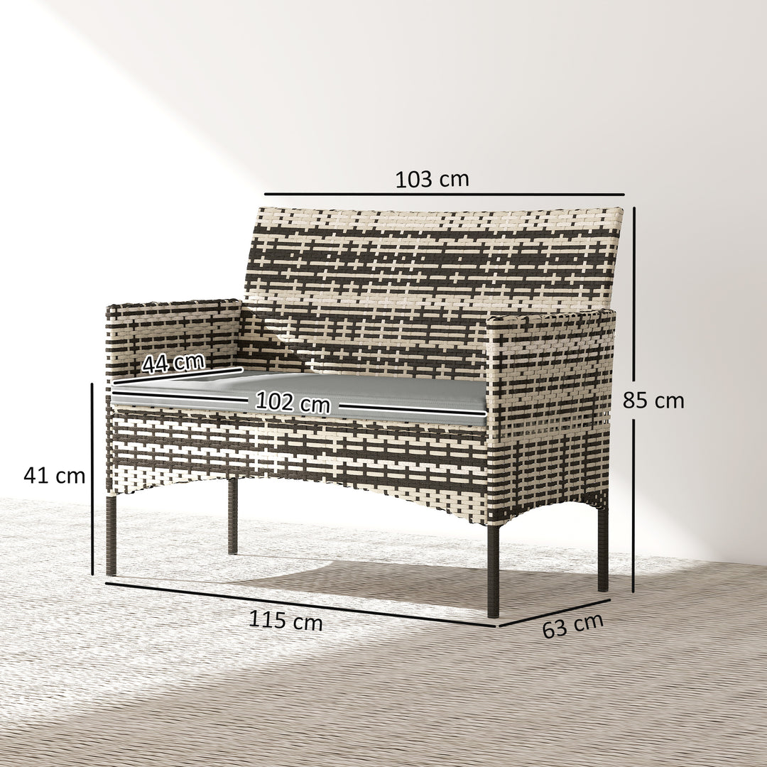 2-personers havesofa i rattan, PE-rattan havesofa med hynder, skridsikre måtter, stålstel, lysegrå