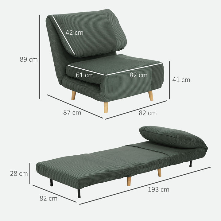 2-i-1 sovesofa gæsteseng, justerbar nakkestøtte, fløjlslook, 82 cm x 87 cm x 89 cm, grøn
