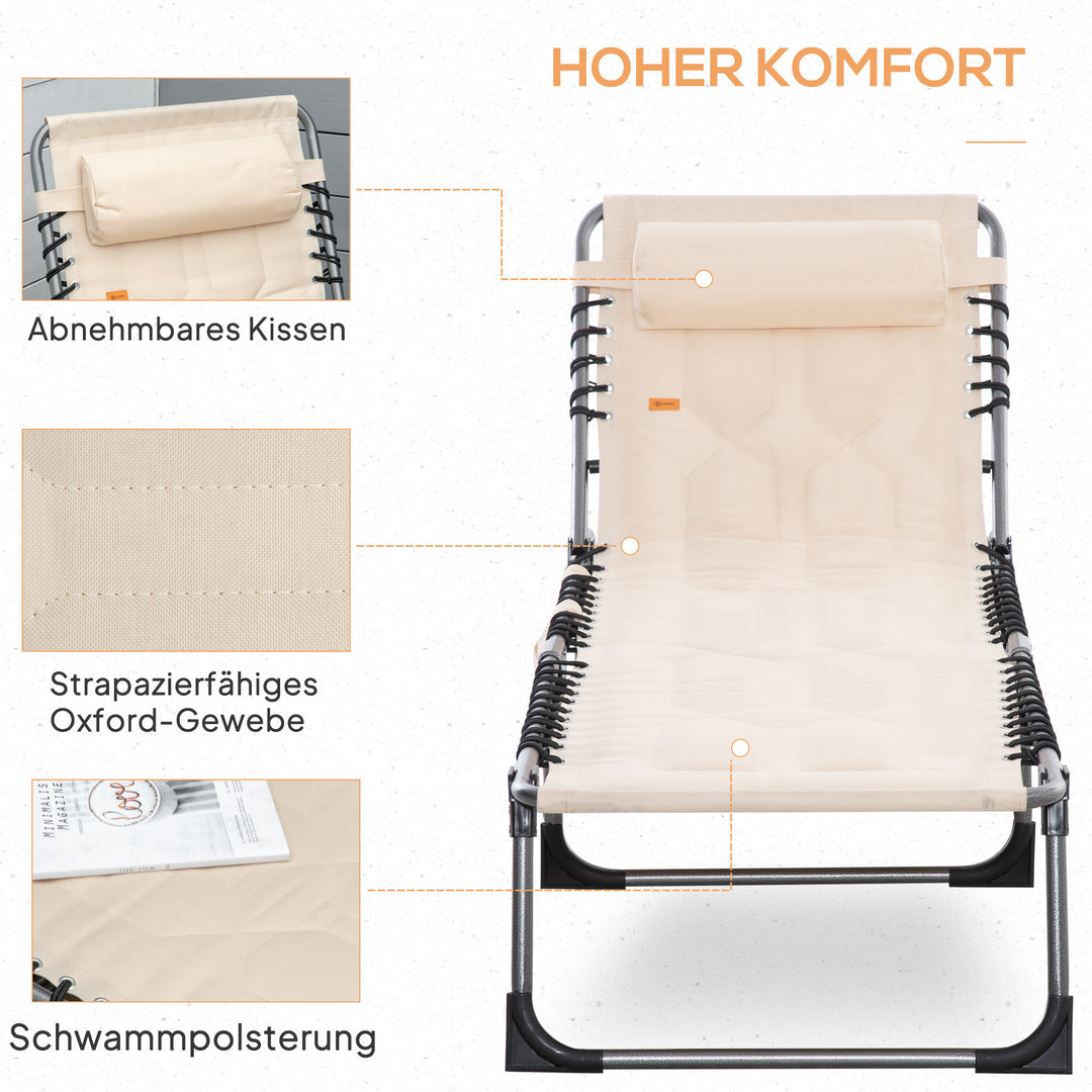 Solseng, foldbar haveliggestol, foldbar liggestol med hynde, 5-positions ryglæn, Oxfordstof, 188 x 57 x 30 cm, beige