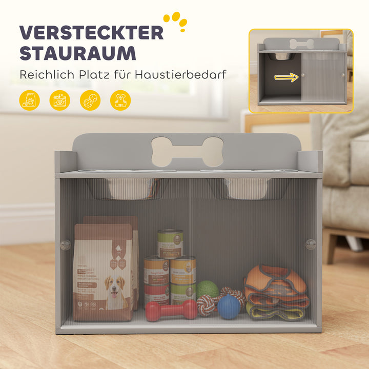 Hævet foderstation med 2 skåle og skab, MDF, rustfrit stål, knoglemønster, grå