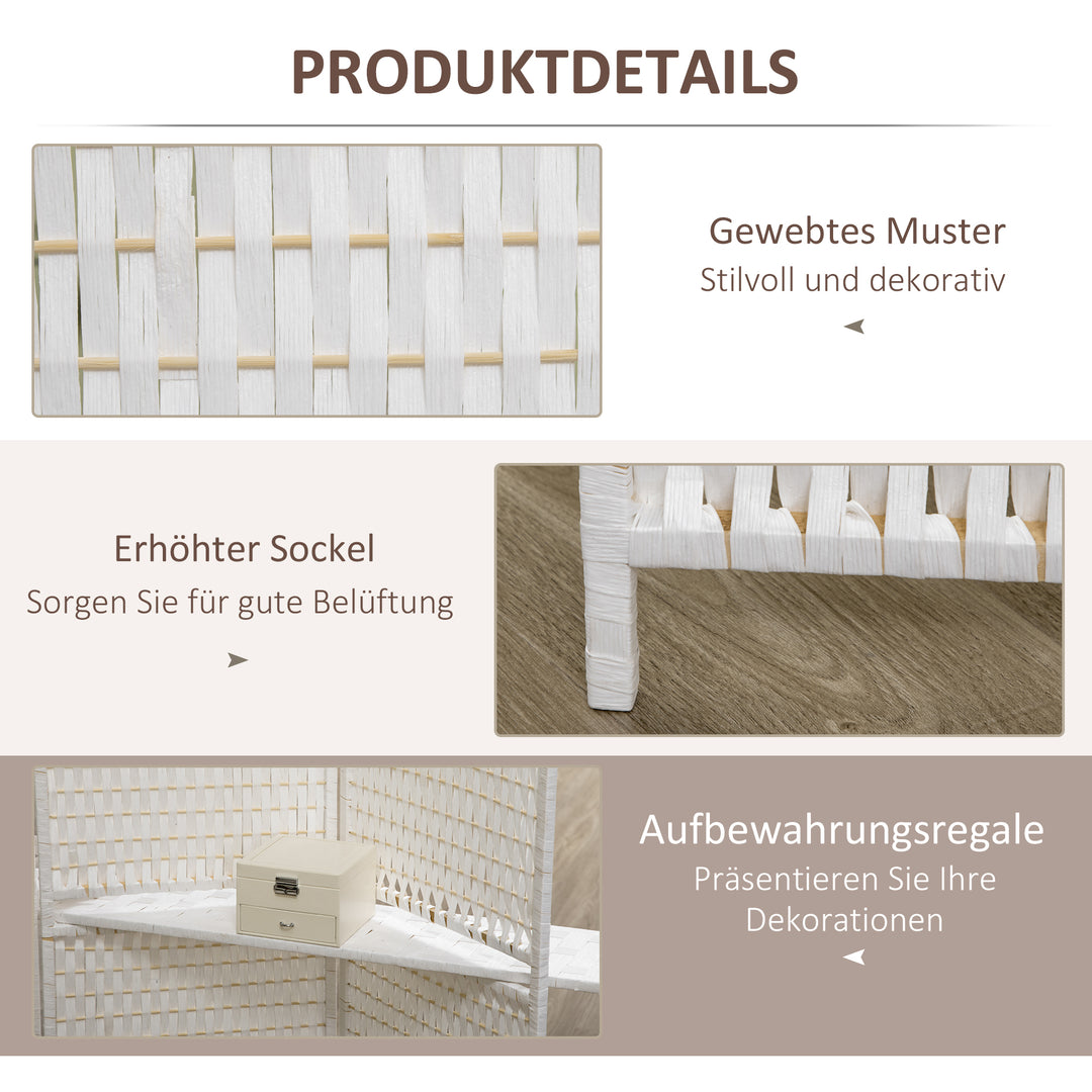 4-panels foldeskærm, 181 x 180 cm, med 2 hylder, lavet af fyrretræ og bambus, til soveværelser, hvid