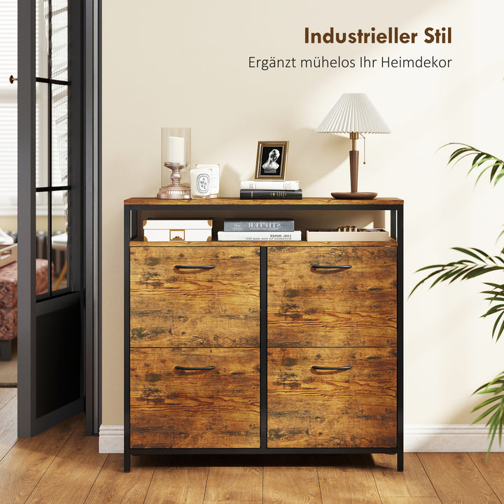 Skoskab med 4 sammenklappelige skuffer, slankt design, åben hylde, til 12-20 par sko, stål, brun