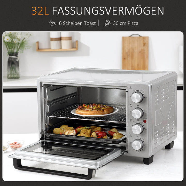 Miniovn 32l 100°c-230°c 1600 w miniovn med bageplade krummebakke grillrist og 3 tilberedningstilstande pizzaovn med timer bagepladehåndtag rustfrit stål sølv