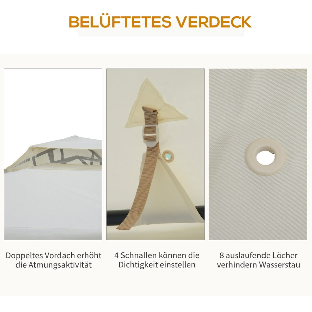 Solrigt lysthus med dobbelttag, ca. 3x3 m, vandtæt, stabilt, vintersikkert, havelysthus med myggenet, sidepaneler, metalhavelysthus, til haven, terrasse, cremehvid