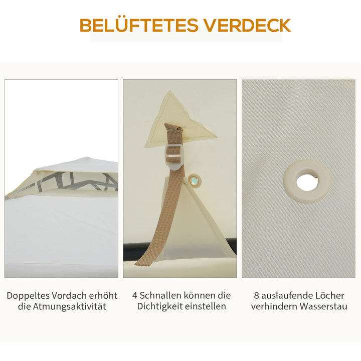 Solrigt lysthus med dobbelttag, ca. 3x3 m, vandtæt, stabilt, vintersikkert, havelysthus med myggenet, sidepaneler, metalhavelysthus, til haven, terrasse, cremehvid