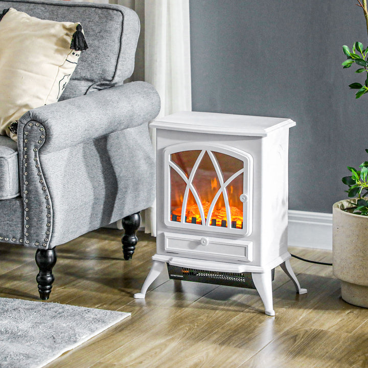 Elektrisk pejs med varmelegeme, LED-flammeeffekt, 1000/2000W, hvid