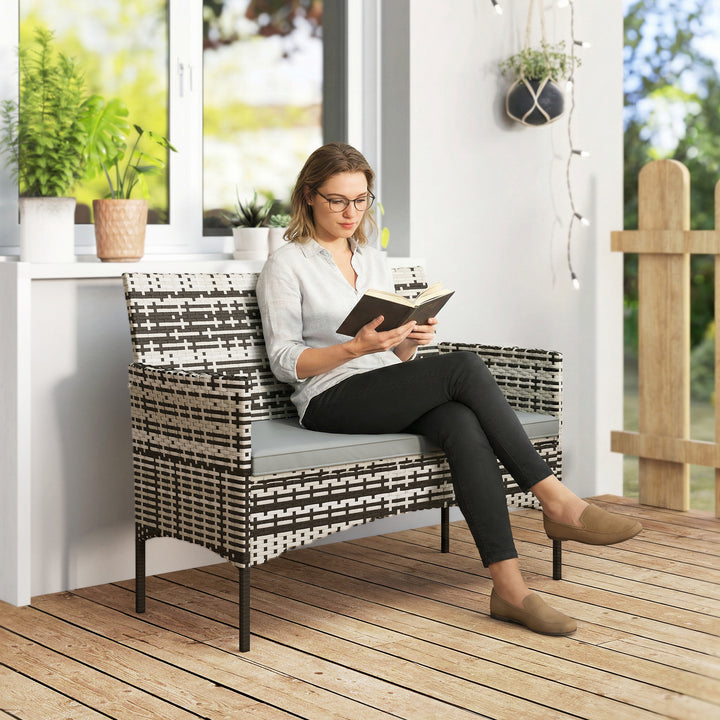2-personers havesofa i rattan, PE-rattan havesofa med hynder, skridsikre måtter, stålstel, lysegrå