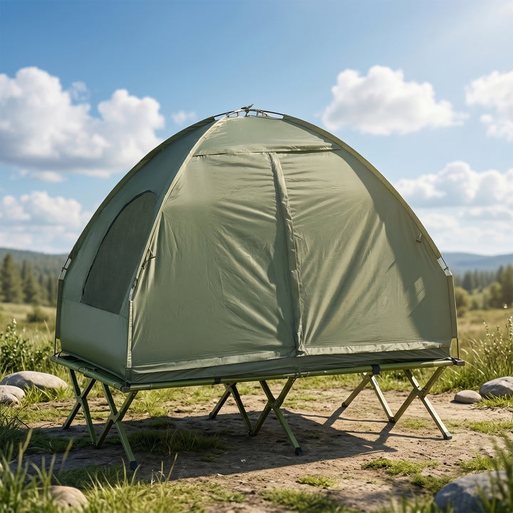 Campingteltsæt til 2 personer med feltseng og luftmadras, grøn