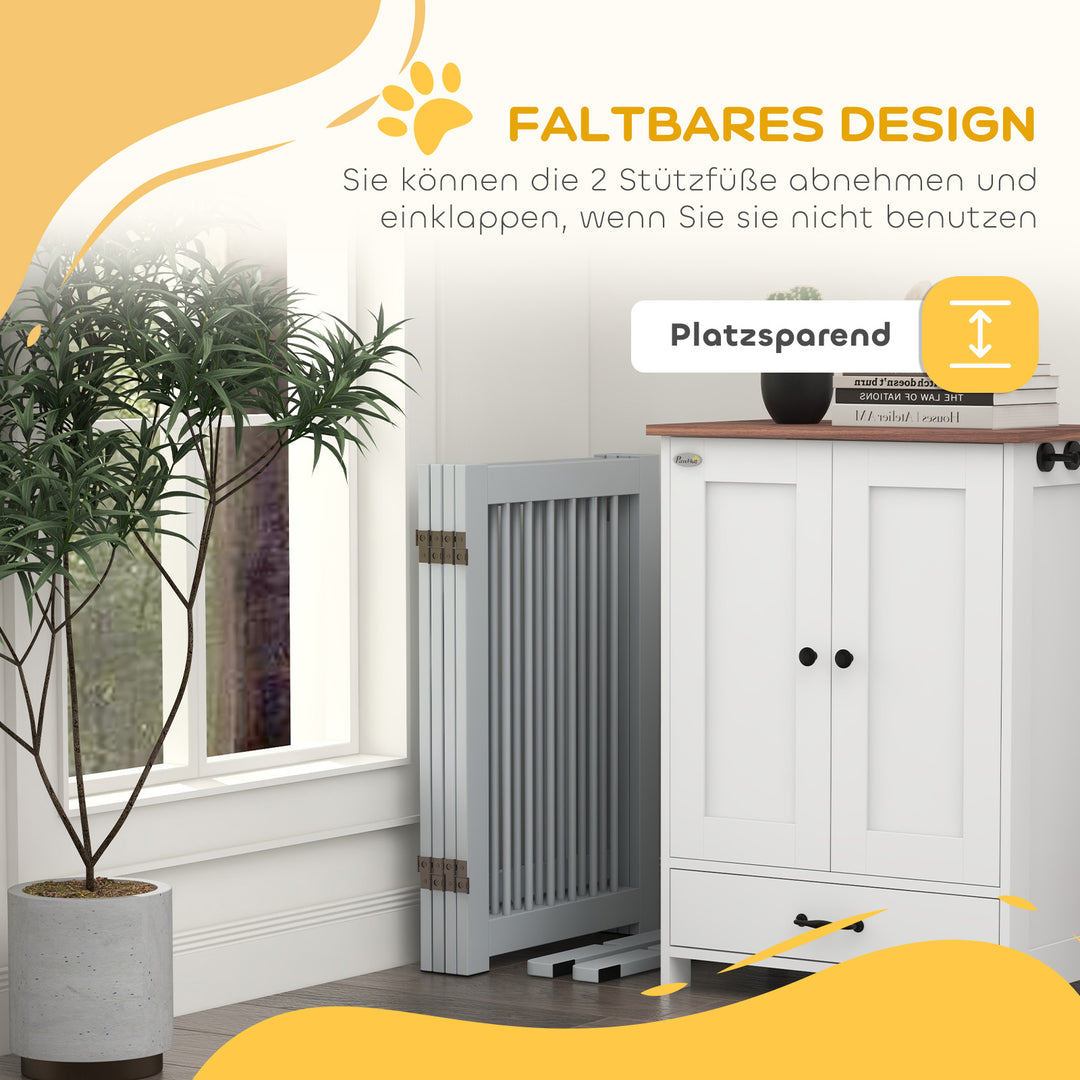 Fritstående hundegitter, 4 paneler, fleksibelt, fyrretræ, 204l x 36b x 75h cm, lysegrå