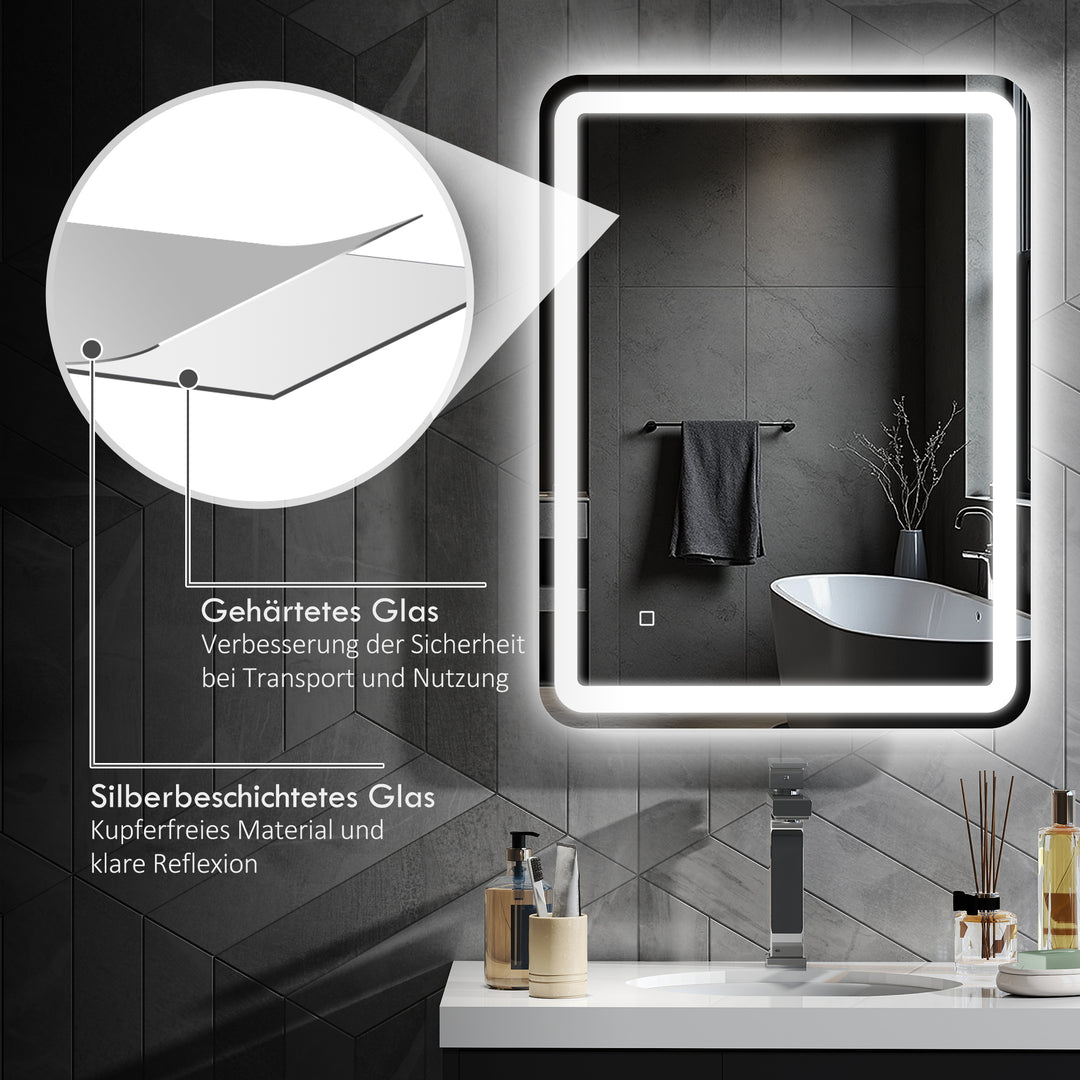 Badeværelsesspejl, oplyst, touch control, anti-dug, dæmpbar, 3 lysfarver, 60 x 80, sølv