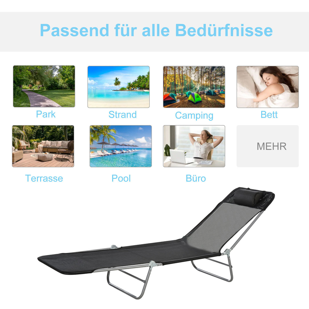 Sammenklappelig liggestol, havestol med nakkestøtte, justerbar liggestol med 5 positioner, campingstol, vægtkapacitet op til 120 kg, egnet til have, balkon og pool, 4 farver (sort)