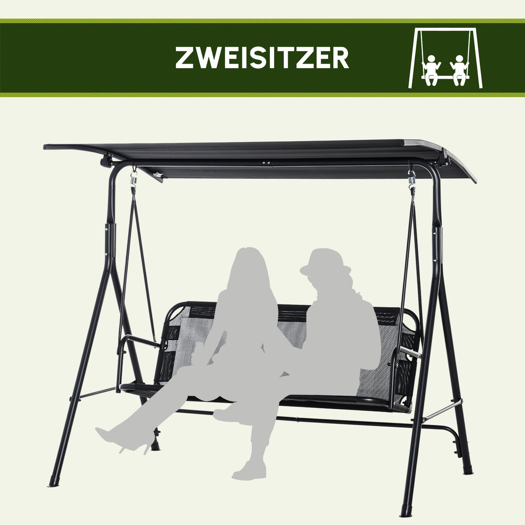 Hollywood gynge, 2-personers, justerbar solsejl, UV-bestandig, lasteevne op til 200 kg, sort