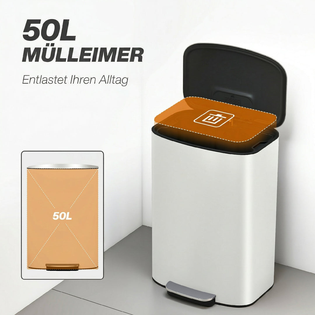 Køkkenaffaldsspand, 50 liter, pedalspand med åben funktion, soft-close låg, pedal, cremehvid