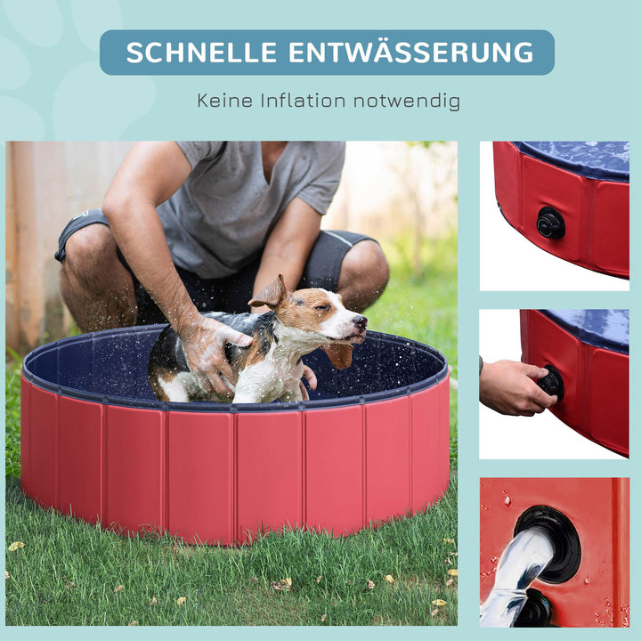 Sammenklappeligt hundebadekar, hundepool, swimmingpool, børnepool, badekar til hunde og katte, vandbassin af plastik og træ, Ø100 x H30 cm, rød