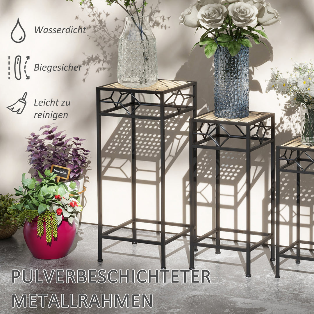 Blomsterstander, sæt med 3, rund, stabelbar, rattan-look, metalben, indendørs og udendørs brug, sort/guld