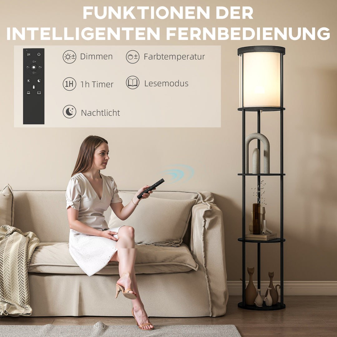 Gulvlampe med 3 hylder, rundt design, fjernbetjening, fodkontakt, justerbar lysvarme, til stue, sort