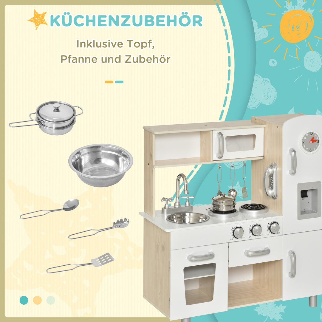 Børnekøkken med tilbehør, drømmekøkken, legekøkken, legekøkken til børn fra 3 år, fyrretræ, mdf, hvid, 74 x 30 x 81 cm