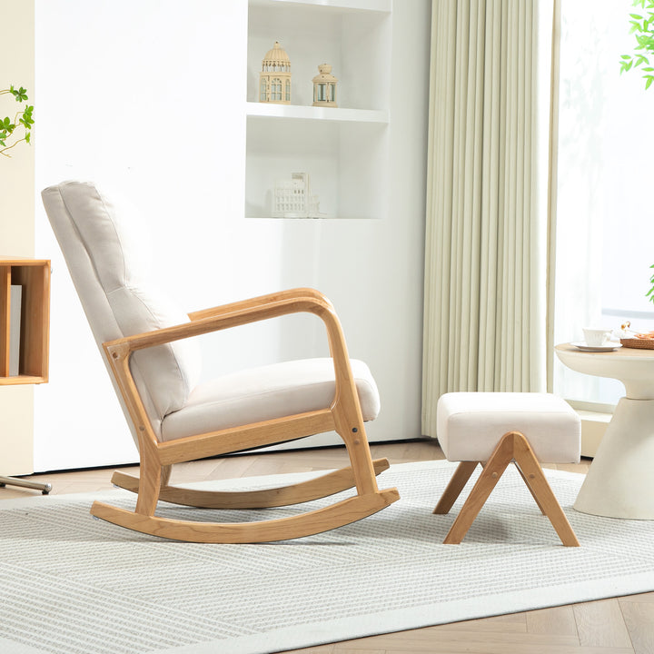 Gyngestol med skammel, blød polstring, linnedlook, træstel, cremehvid