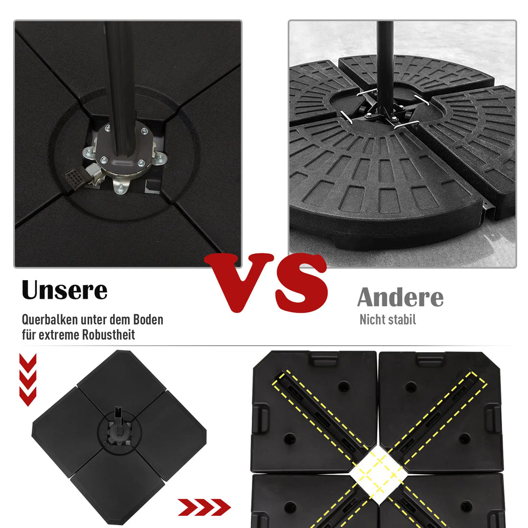 Parasolfod, 4-delt parasolstativ, kan fyldes med 80 kg vand eller 120 kg sand, HDPE, sort, 100 x 100 x 9,5 cm