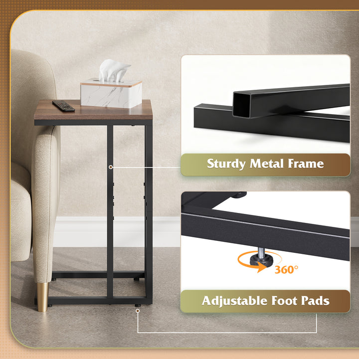 WLIVE C-formet sidebord, bygget med solid metalramme og åben opbevaringsdesign, slank struktur perfekt til små rum, ideel til stue og soveværelse, brun