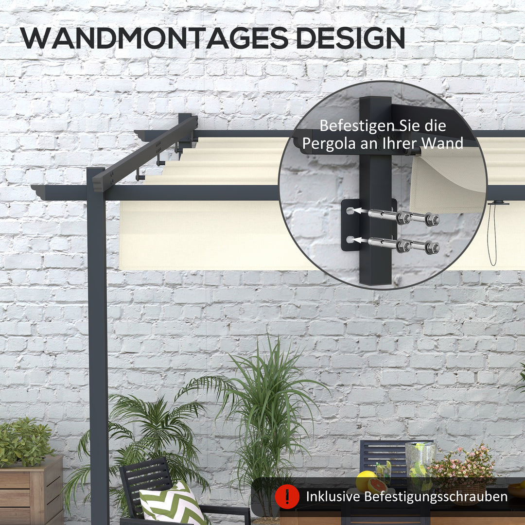 Havepavillon 3 x 3m, udtrækkeligt tag, vægmonteret, metalramme, cremehvid