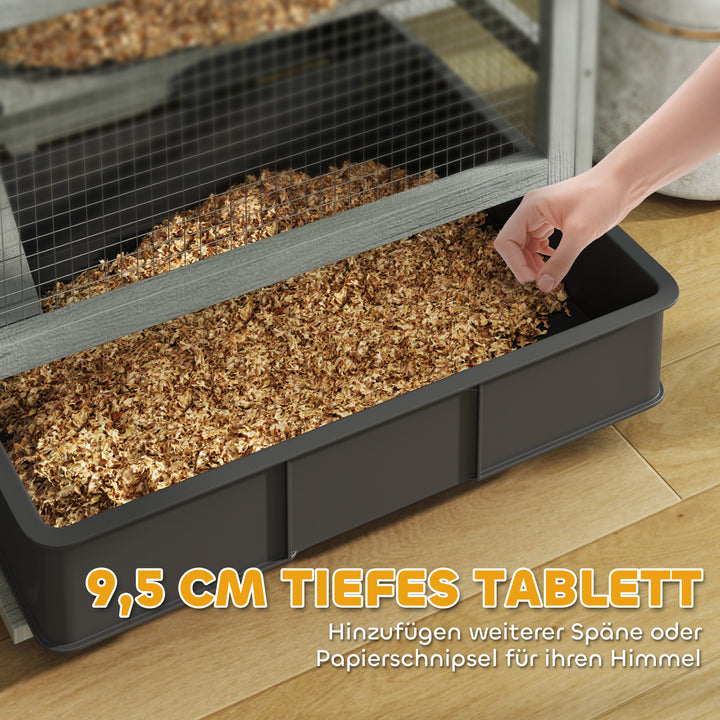 4-Etagers træhamsterbur med hytter, vippe, madskåle, ramper og hjul, 65 x 45 x 109 cm, grå