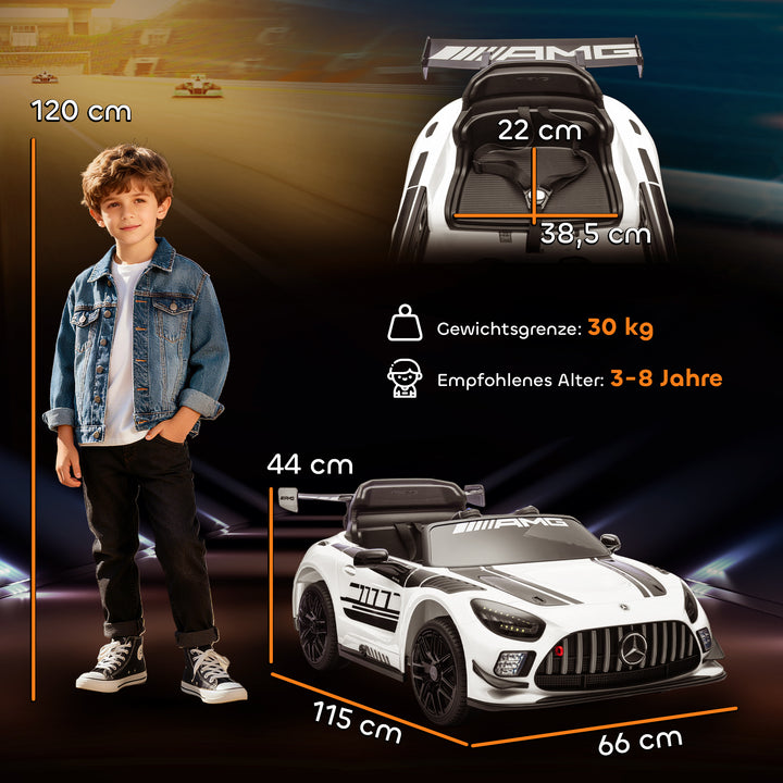Mercedes elbil, børnekøretøj, 12V batteri, LED-lys, musikfunktion, horn, 3-8 år, hvid