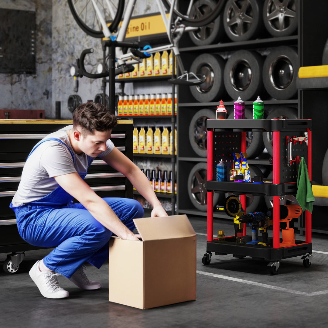 Værktøjsvogn, hylder i tre etager, 4 hjul, plast, 10 kroge, rød