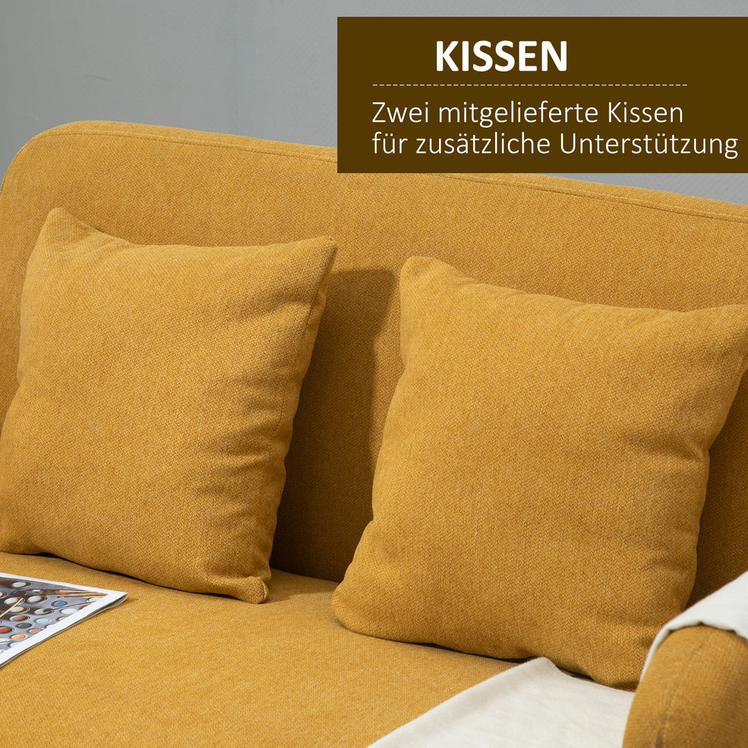2-personers sofa med 2 puder, lille loveseat med fløjlstop, moderne polstret sofa til stue, soveværelse, lille værelse, gul, 130 x 70 x 80 cm