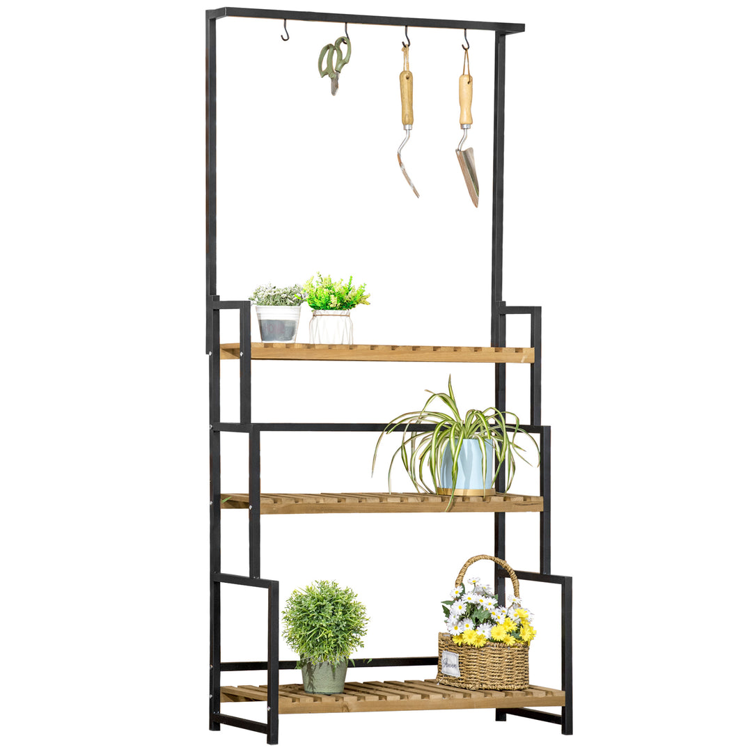 Plantestativ med 3 niveauer og monteringskroge, blomsterstativ af naturtræ, 80 cm x 36 cm x 174 cm, naturtræ
