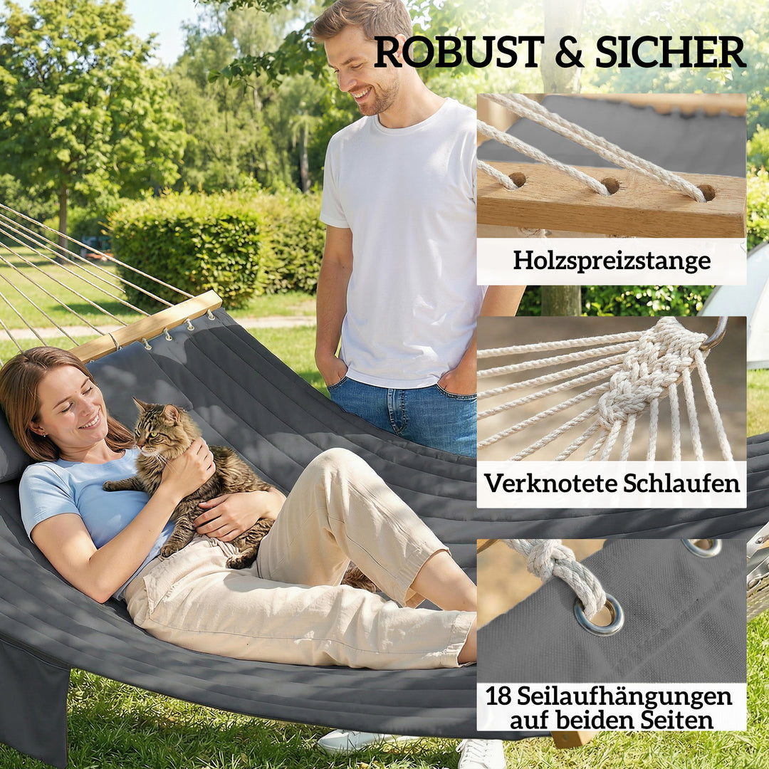 Udendørs hængekøje 200x140cm, dobbeltlags hængekøje med nakkestøtte, magasinlomme, træstænger, op til 200kg