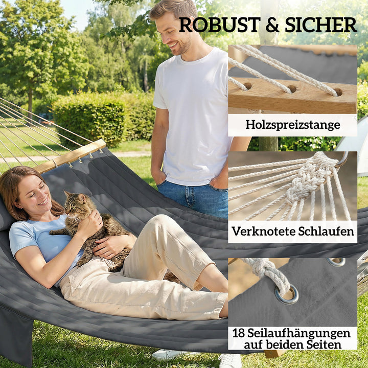 Udendørs hængekøje 200x140cm, dobbeltlags hængekøje med nakkestøtte, magasinlomme, træstænger, op til 200kg