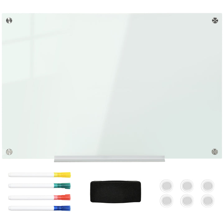 Glas whiteboard, memoboard, whiteboard, 4 penne, 6 magneter, 1 svamp, 1 bakke, hvid