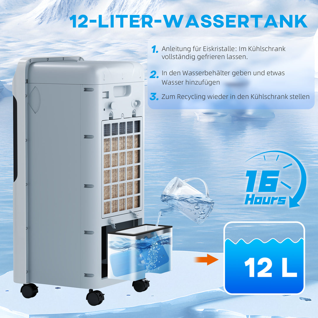 Luftkøler med vandkøling, fjernbetjening, 3 tilstande, 3 hastigheder, 12-timers timer, LED-display, 38x35x81 cm, hvid