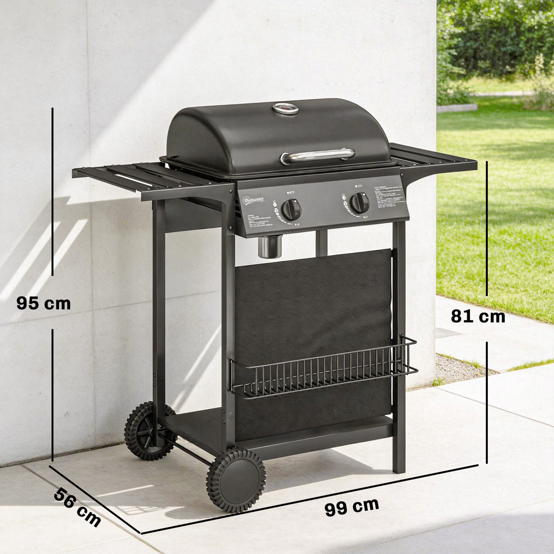 Gasgrill 5 KW 2 brændere BBQ grillvogn rustfrit stål inkl. sidebord, nederste kurv, frontlåg, termometer, emaljeret grillrist