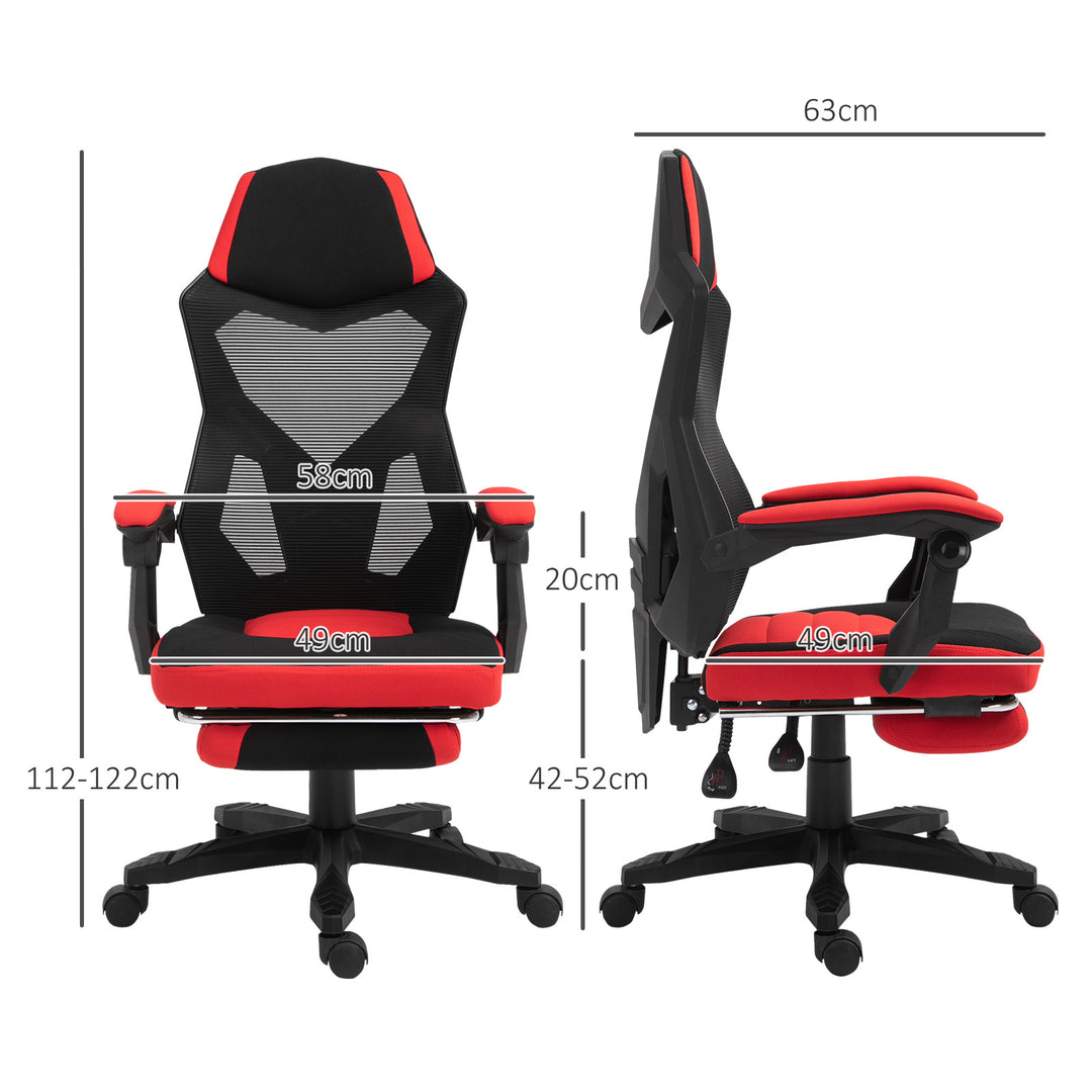 Ergonomisk kontorstol, gamingstol, drejestol med fodstøtte, pc-stol, executive-stol, højdejusterbar, polyester, sort+rød, 58 x 63 x 112-122 cm