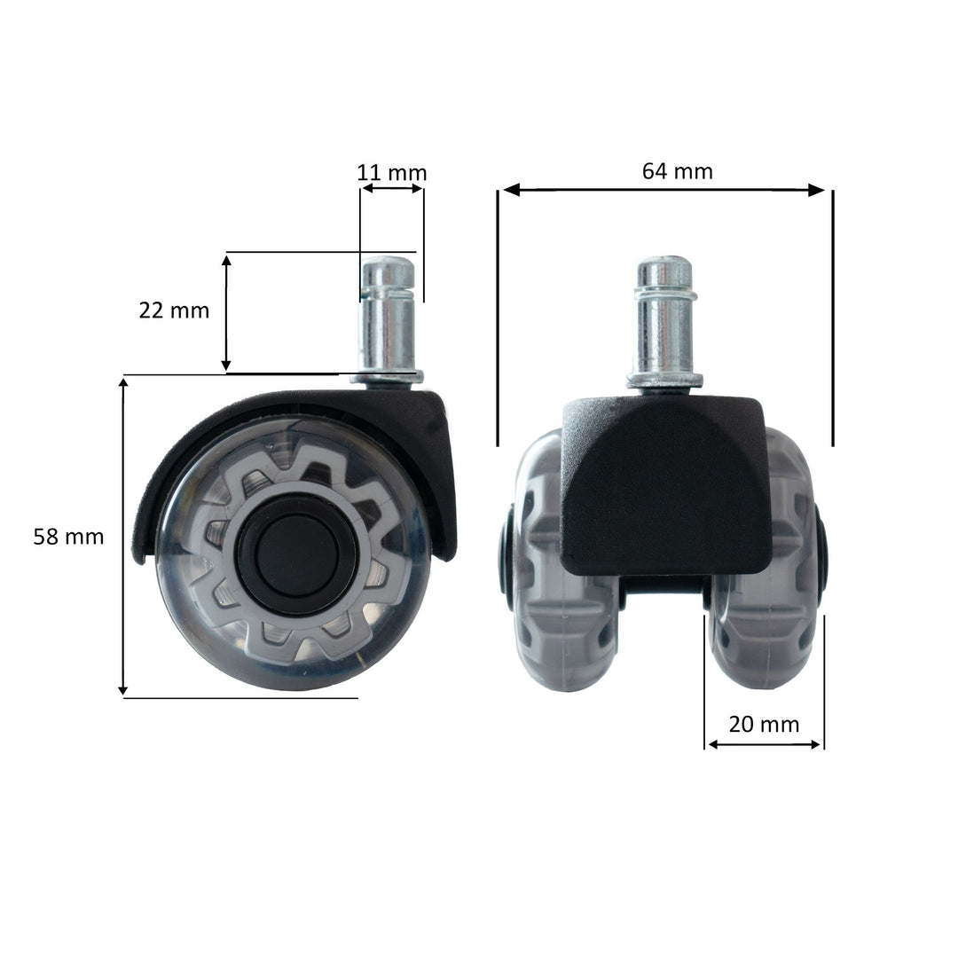 Sæt med 5 letløbende universelle kraftige hjul til kontorstole, 11 mm stamme / 50 mm diameter, støjsvage premium hjul til hårdt gulv, kontorstolhjul, drejestolhjul, sølvfarvede, dobbelte hjul
