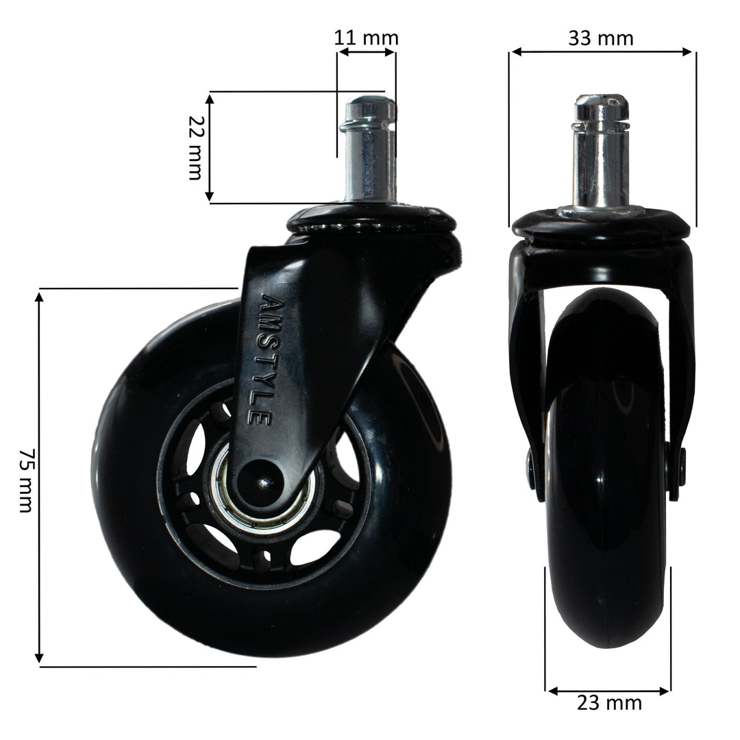 Sæt med 5 letløbende universelle kraftige hjul til kontorstole, 11 mm stamme / 75 mm diameter, støjsvage premium hjul til hårdt gulv, sorte drejestolshjul