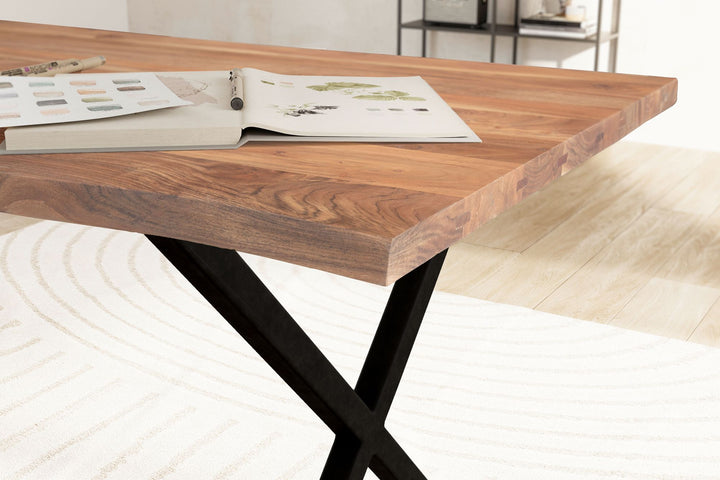 skrivebord 180x90x76 cm akacie massivt træ/metal computerbord trækant