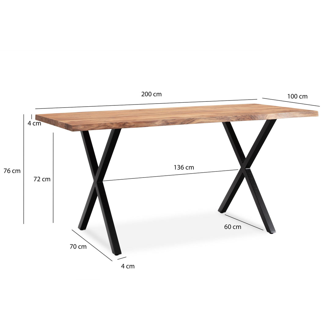 skrivebord 200x100x76 cm akacie massivt træ/metal computerbord trækant