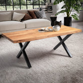 Robust charme: Design sofabord i massivt akacietræ med sort metalstativ (120x60 cm)